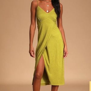 Lulu’s Chartreuse Tie-Back Faux Wrap midi dress